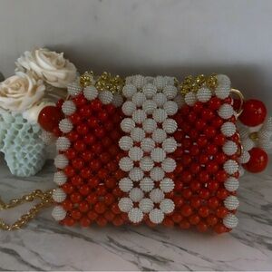 Beaded Cherry Red & White Pearl Handbag with Gold Embellishments